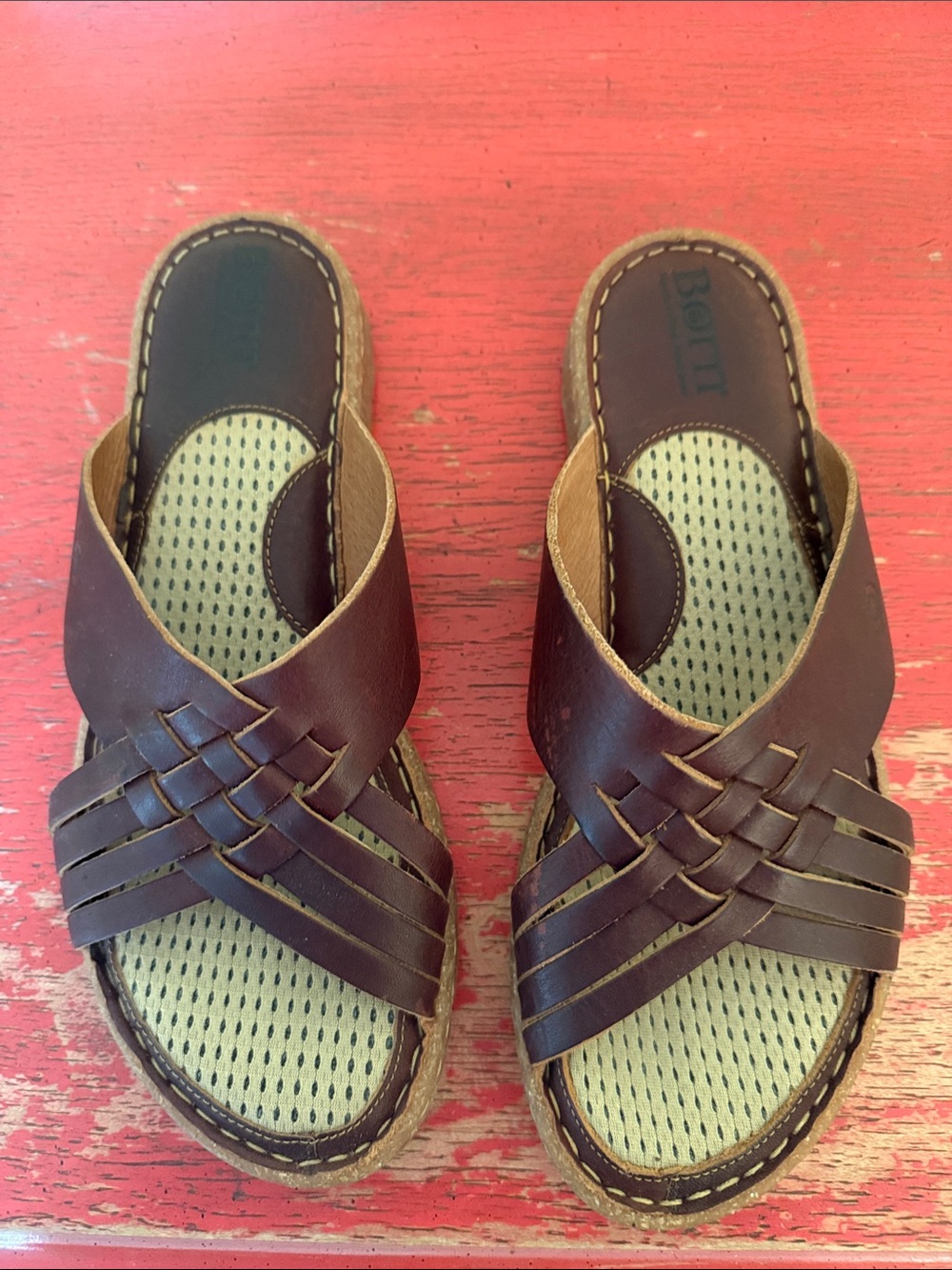 Born Brown Woven Leather Slide Sandals